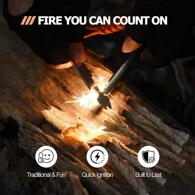 Ferro Rod Fire Starter Survival Tool – All-in-One Flint and Steel Fire Starter Kit, Waterproof Firestarter for Camping, Hunting, Bushcraft, Hiking & Emergency Preparedness