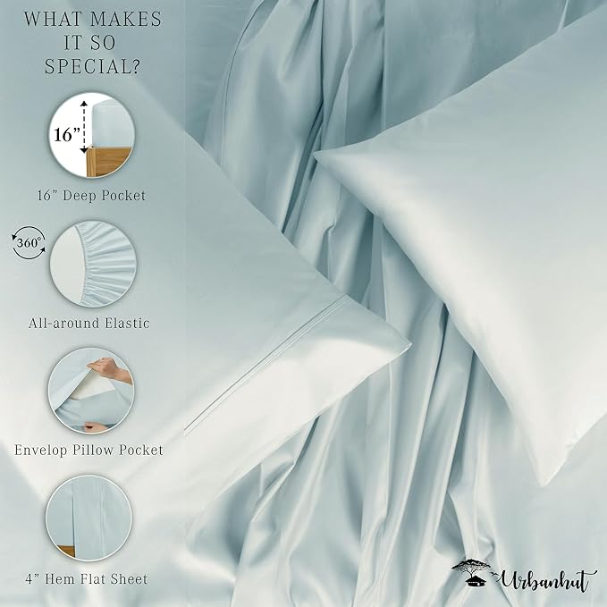 URBANHUT 1000 Thread Count King Sheet Set Egyptian Cotton, Long Staple Soft & Breathable, 4 Pc Bed Sheet Sets,Sateen Weave Luxury Hotel Sheets Fits 16" Deep Pocket - Light Blue