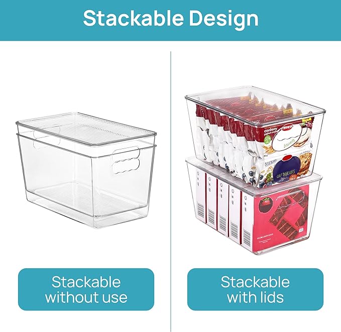 Vtopmart 6 Pack Clear Stackable Storage Bins with Lids, Large Plastic Containers with Handle for Pantry Organizer and Storage,Perfect for Bathroom,Cabinet,Kitchen,Fridge,Closet Organization
