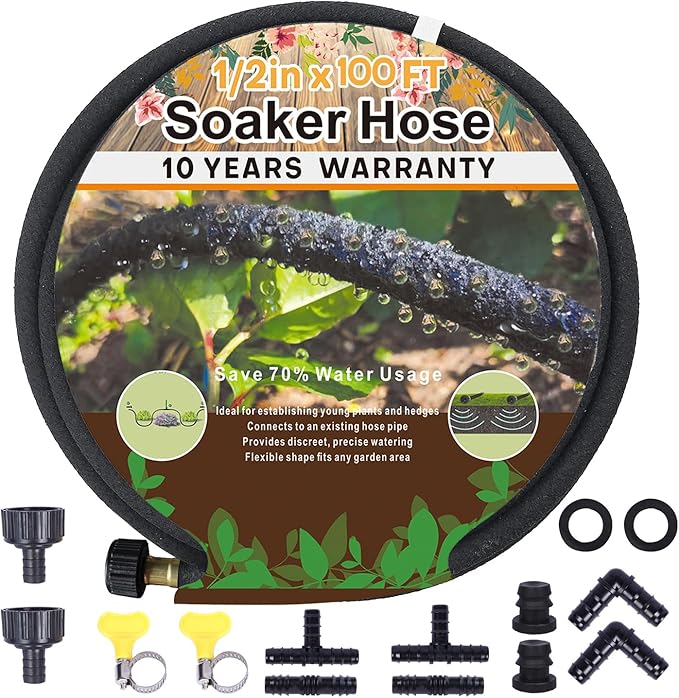 Heavy Duty Soaker Hose 100 Ft for Water Saving, DIY Garden Drip Hose Irrigation System Kit