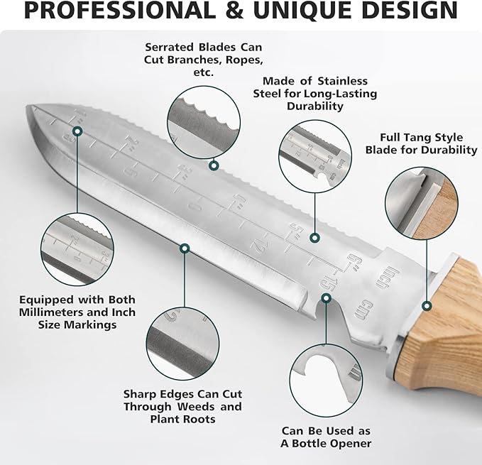 Berry&Bird Hori Hori Garden Knife, Multi-Purpose Gardening Knifes with 7" Stainless Steel Double Edge Sharp Blade, Soil Knife with Canvas Sheath, Full-Tang Garden Tools for Weeding Planting Digging
