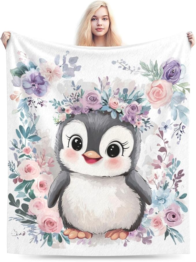 Cute Penguin Blanket Soft Warm Kawaii Penguin Plush Throw Blanket Cozy Lightweight Flannel Fleece Bedding Stuff Animal Decor Blanket Gifts for Lover Girls Boys Kids Teens Adults Women 60"x80"