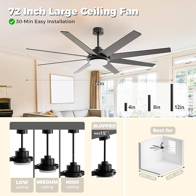 72 Inch Ceiling Fans with Lights and Remote, Outdoor Indoor Black LED Big Ceiling Fan Reversible 24db Quiet DC Motor, 6 Speed 3CCT Dimiable, Modern Ceiling Fans for Patios Living Room Farmhouse Garage