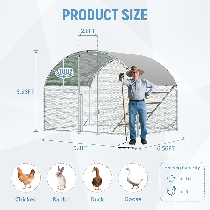 Large Chicken Coop,10x6.5x6.5FT Metal Chicken Run for Yard with Feeding Door, Round Top Walk-in Chicken Pen,Outdoor Poultry Cage with Anti-UV Cover,Rabbit Duck House