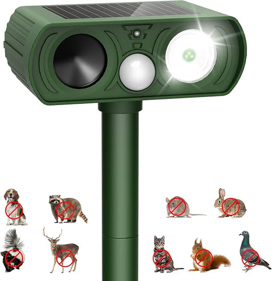 Upgraded Solar Ultrasonic Animal Repellent Outdoor, Deer Repellent Devices Squirrel Cat Raccoon Rabbit Dog Deterrent, Keep Rodent Chipmunk Away Motion Detection with Flash Light for Yard Garden Lawn