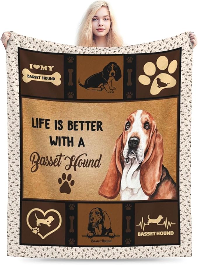 Basset Hound Blanket Dog Throw Blanket Soft Warm Cozy Fuzzy Plush Dogs Throw Blanket Bedding Gifts for Dog Lover Girls Women Fleece Flannel Gift Blankets for Kids Adults 40"X50"