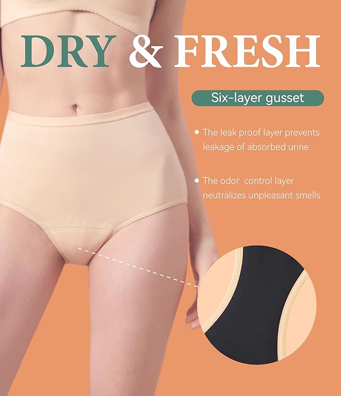 Womens Washable Incontinence Underwear Bladder Leak Proof Odor Control Briefs 56 ml Absorbency Panties 3 Pack (3 Skin, M)