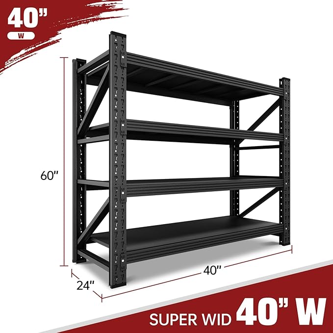 3000LBS Storage Shelves,40" W Garage Shelving Heavy Duty Metal Adjustable Garage Shelves, Shelving Units Industrial Shelving for Warehouse,40" W x 24" D x 60" H,Black
