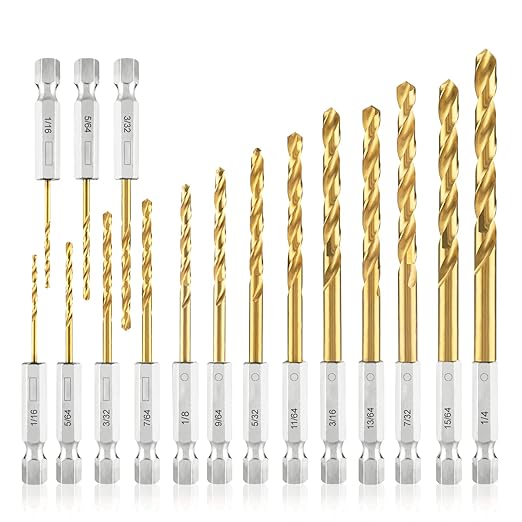 amoolo Hex Shank Drill Bit Set (13Pcs Set+3 Pcs Free), Premium 4341 HSS Titanium Impact Hex Drill Bits for Wood, Steel, Metal, Plastic, Quick Change Design (1/16 -1/4 )