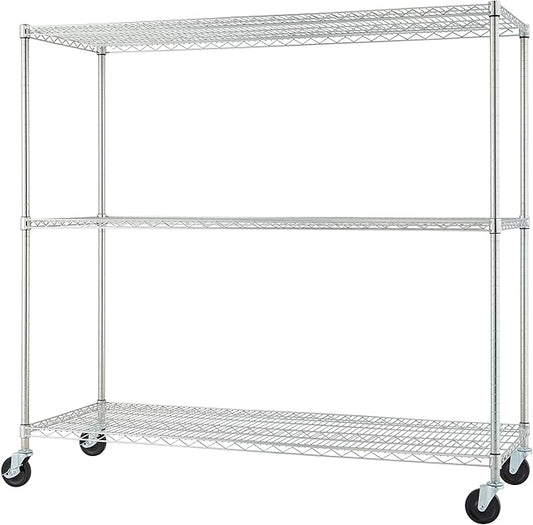 Trinity Basics 3-Tier Adjustable Wire Shelving with Wheels for Kitchen Organization, Garage Storage, Laundry Room, NSF Certified, 600 to 1350 Pound Capacity, 60” by 24” by 54”, EcoStorage Chrome