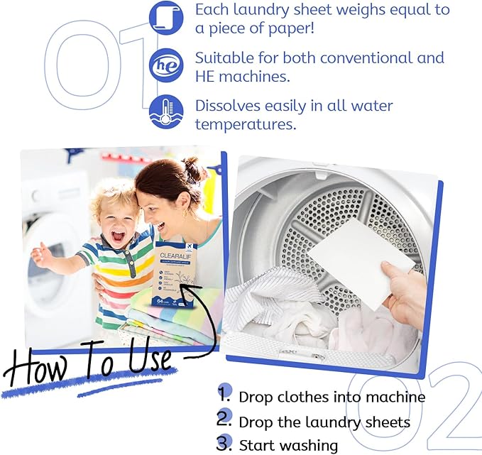 CLEARALIF Laundry Detergent Sheets, Fresh Linen, 64 Load, CLEARALIF Laundry Detergent Strips Eco Friendly & Hypoallergenic