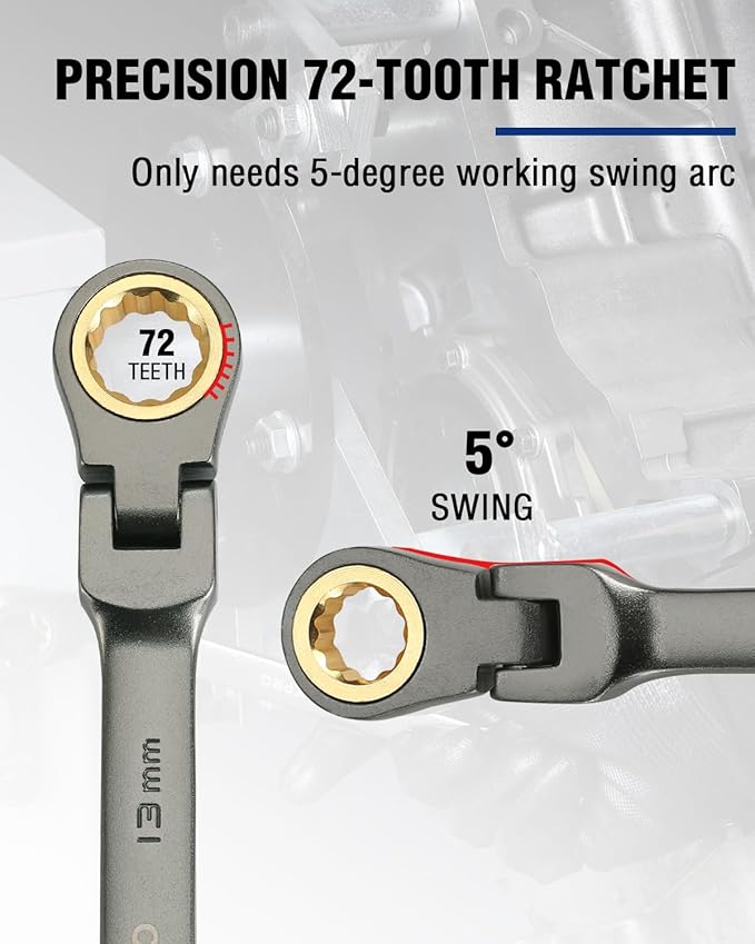 WORKPRO 13 mm Flex-Head Ratcheting Combination Wrench, Cr-V Constructed, Nickel Plating, 72-Teeth, 12 Point Design, Metric