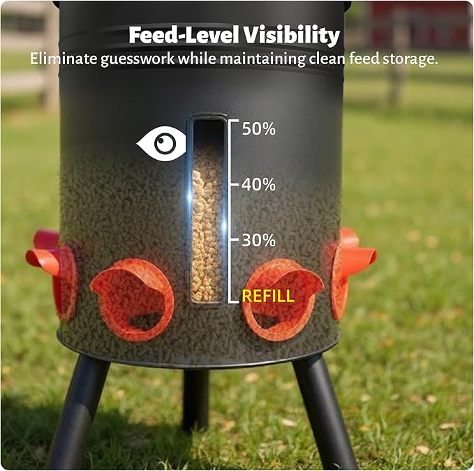 KOL 50 LB Large Free Standing Chicken Feeder, Portable Gravity Chicken Feeder Automatic, Dispenser, 8 Feeding Ports Poultry Feeder for Chicken Rooster & Hen (Black)