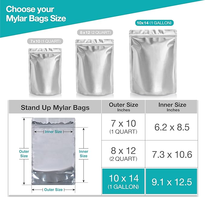 BELLE KR® 50 Pcs 1 Gallon Mylar Bags for Food Storage - 9.5 mil - Stand-up Gal Mylar Bags Reseaable - Includes Label