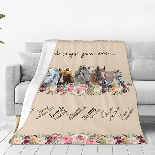 God Says You Are Horse Decor Throw Blanket - Super Warm Soft Plush Lightweight Fleece Flannel Bible Verse Blanket for Women, Girls, Boys, Men, Kids - Winter Couch Bedding - 60"X80"