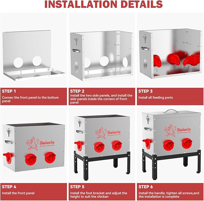 Automatic Chicken Feeder, 40 Lb Capacity 6 Port Large Metal Chicken Feeders, No Waste Poultry Feeder with Locking Lid & Legs, Large Chicken Feeder for Inside Chicken Coops