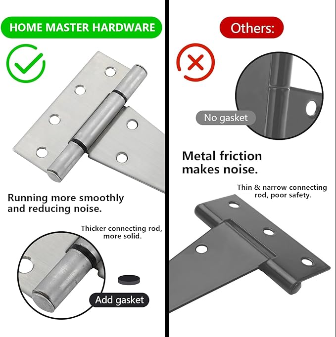 HOME MASTER HARDWARE 6 Inch Stainless Steel Gate Hinges for Wooden Fences Heavy Duty Tee Hinges,Shed Door Hinge,T-Strap Hinge for Outdoor Barns Gate with Screws 4 Pack