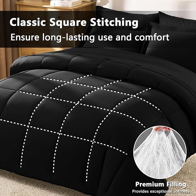 CozyLux Queen Comforter Set Black - 7 Pieces Bed in a Bag Queen, All Season Soft Bedding Set, Oeko-Tex Certified Bed Set with Down Alternative Comforter, Sheets, Pillowcases & Pillow Shams