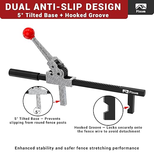 Chain Link Fence Stretcher Tool, Ratcheting Wire Fence Tightener & Puller for Barbed & Woven Wire Fence, 3″–12″ Tension Range, 5° Tilted Base & Hooked Groove, One-Hand Operation for Farm & Yard