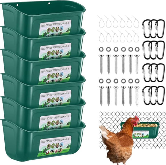 Chicken Feeder Waterer, 6 Pack Duck Feeder Supplies, Hanging Fence Feed Trough with Clips for Goat, Sheeple, Piglet, Gooses, Turkeys, Dog Livestock Poultry,Green