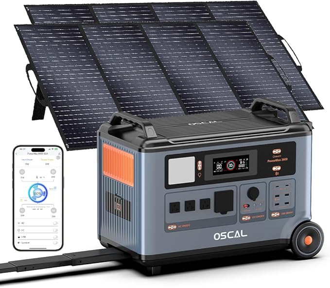 OSCAL 6000W(Peak 9000W) Solar Generato with 2x200W Solar Panel,120V/240V Dual-Voltage 3600WH EV-Grade LiFePO₄ Battery Power Station,4×6000W AC Outlets,2200W 1.96H Fast Charge,for Home Backup,RV.