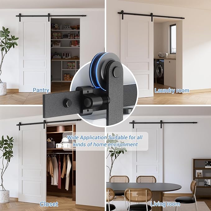 CCJH 8FT Single Sliding Barn Door Hardware Kit Black Carbon Steel Hanger Flat Track System for Closet Kitchen 1 Door 48 inch Wide, Smoothly and Quietly I Shape Roller