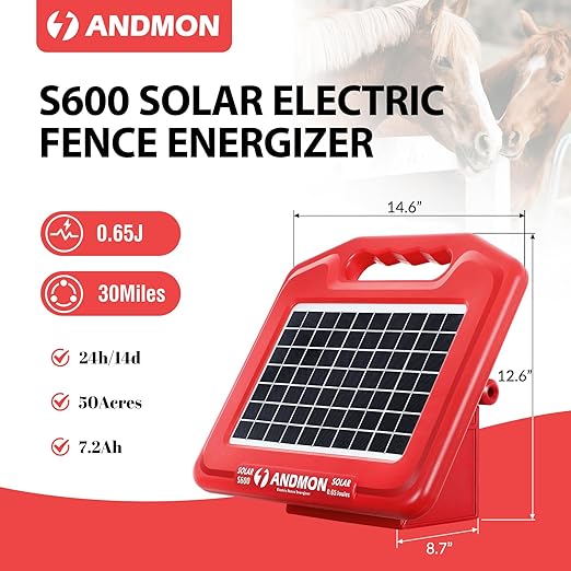 ANDMON S600 Solar Electric Fence Charger - 35 Mile Range, 0.65 Joules Powerful Solar Fence Charger, Ideal for Livestock and Garden Protection