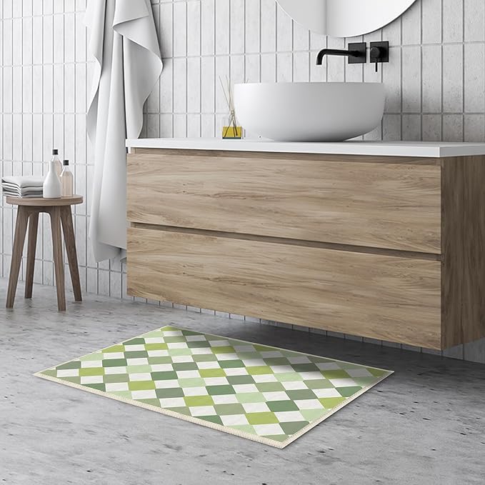 2x3 Checkered Washable Area Rugs Small Carpet Green Doormat for Entryway Bathroom Living Room Bedroom Washing Room Non Slip