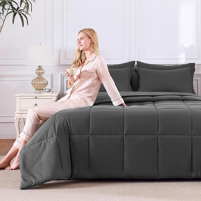 CozyLux Full Size Comforter Sets Dark Grey - 7 Pieces Bed in a Bag Full, Oeko-Tex Certified Bed Set, All Season Soft Bedding Set with Down Alternative Comforter, Sheets, Pillowcases & Pillow Shams