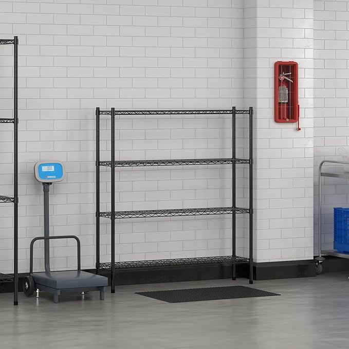 Commercial NSF Listed Black Epoxy Stationary Wire Shelving Kit 12" x 48" x 54", with 4 Shelves Perfect for Warehouse, Walk-in Refrigerator, Freezer, Grocery Store, Restaurant, Dishroom