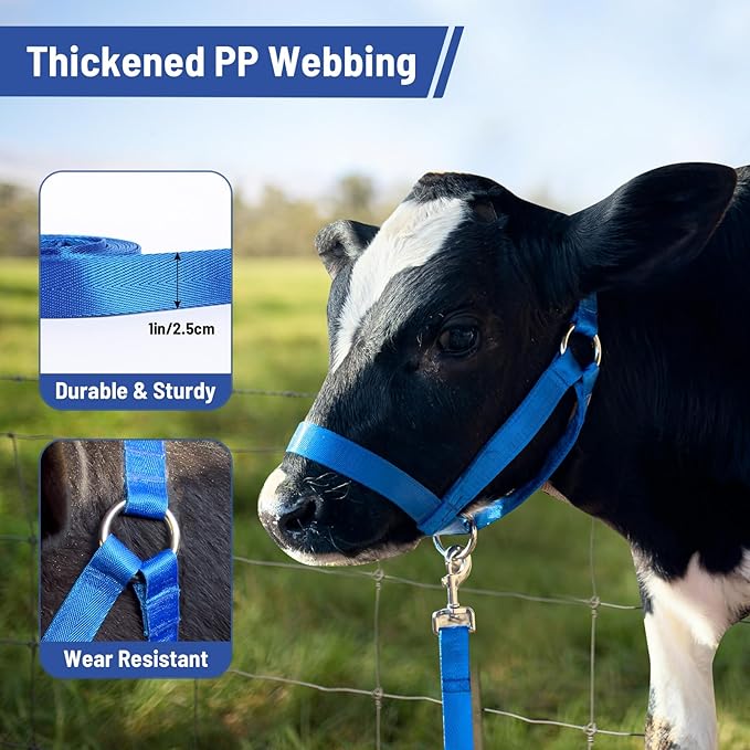 perixir Cow Halter Cattle Halters Calf Halter with Leading Rope，Adjustable Nylon Livestock Cattle Halter，for Miniature Horse Donkey Goat Foal