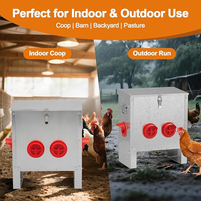 Automatic Chicken Feeder 25lbs Capacity, Galvanized Metal Poultry Feeding Equipment with 4 Ports, Rainproof & Rodent Proof Chicken Food Dispenser for Backyard Coop & Farm Use