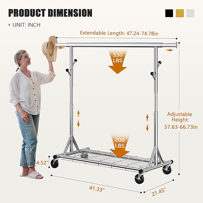 Heavy Duty Clothes Rack Load 530 lbs, Metal Rolling Clothing Rack With Sturdy Wheel And Shelves, Adjustable Portable Hanging Garment Rack For Clothes,Chrome Stainless Steel
