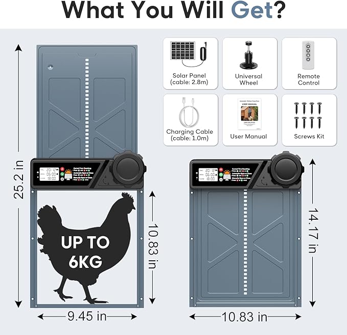 Large Size Automatic Chicken Coop Door Solar - Powered Auto Chicken Door Opener, Timer Modes for Safe and Convenient Chicken Keeping with Intelligent Obstacle Sensors, Remote Control, 14.2"H x 10.83"L