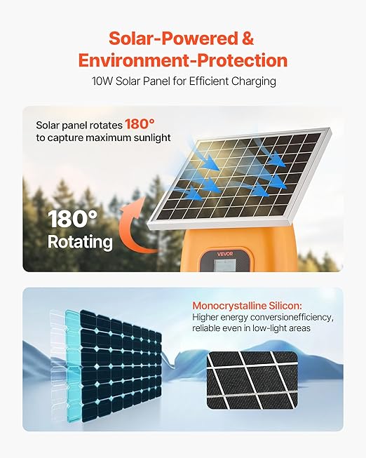 VEVOR Solar Fence Charger, 1J 10kV Solar Powered Fence Charger, Electric Fence Energizer Kit, Keep Out Predators, 3 Days Runtime, for Livestock, Poultry, Garden Protection
