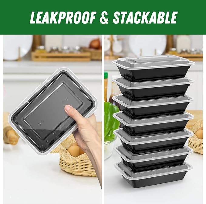 50 Pack (100-Piece) 32 oz Meal Prep Containers Reusable with Lids, Sturdy Leakproof & Food Safe, Microwave, Freezer, Dishwasher Safe Prep Containers, To Go Take Out Plastic Food Storage