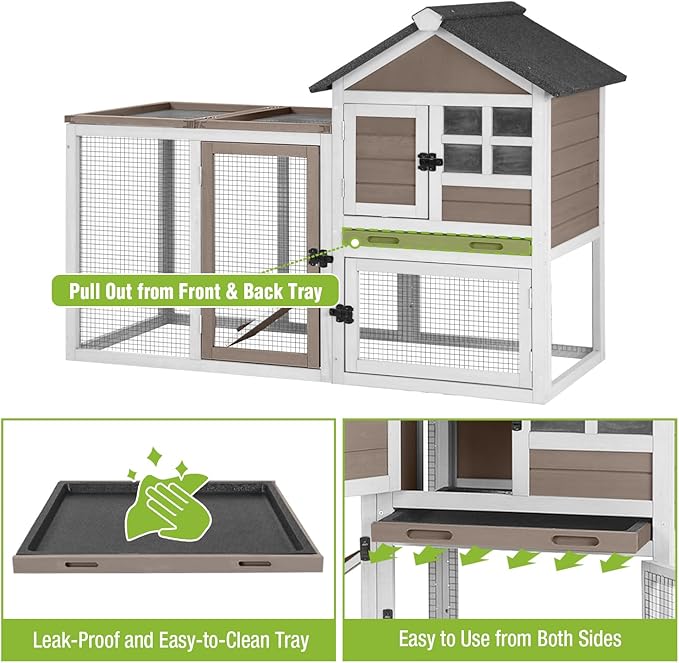 GUTINNEEN Large Rabbit Hutch Indoor 2-Level Wooden Chicken Coop Outdoor Bunny Guinea Pig Cage with Run, Chew-Proof Ramp, Leak-Proof Pull Out Tray, Lockable Doors for Small Animals (Brown & White)