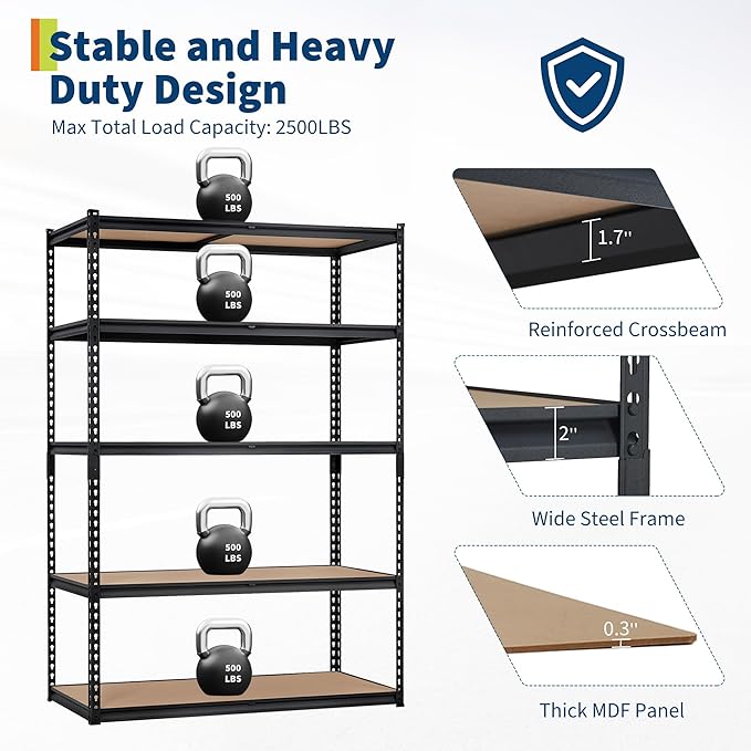 CABIHOME Garage Storage Shelves 5 Tiers, 48" W x 18" D x 72" H Heavy Duty Metal Shelving Unit, 2500 LBS Capacity Adjustable Boltless Storage Rack with MDF Boards for Garage, Pantry, Basement, or Wareh