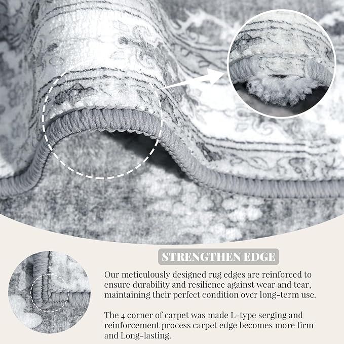 MUJOO Grey Round Rug 6ft,Circle Washable Area Rugs for Bedroom Living Room Bathroom,Boho Large Vintage Bohemian Distressed Farmhouse Non Slip Circular Carpet,Floral