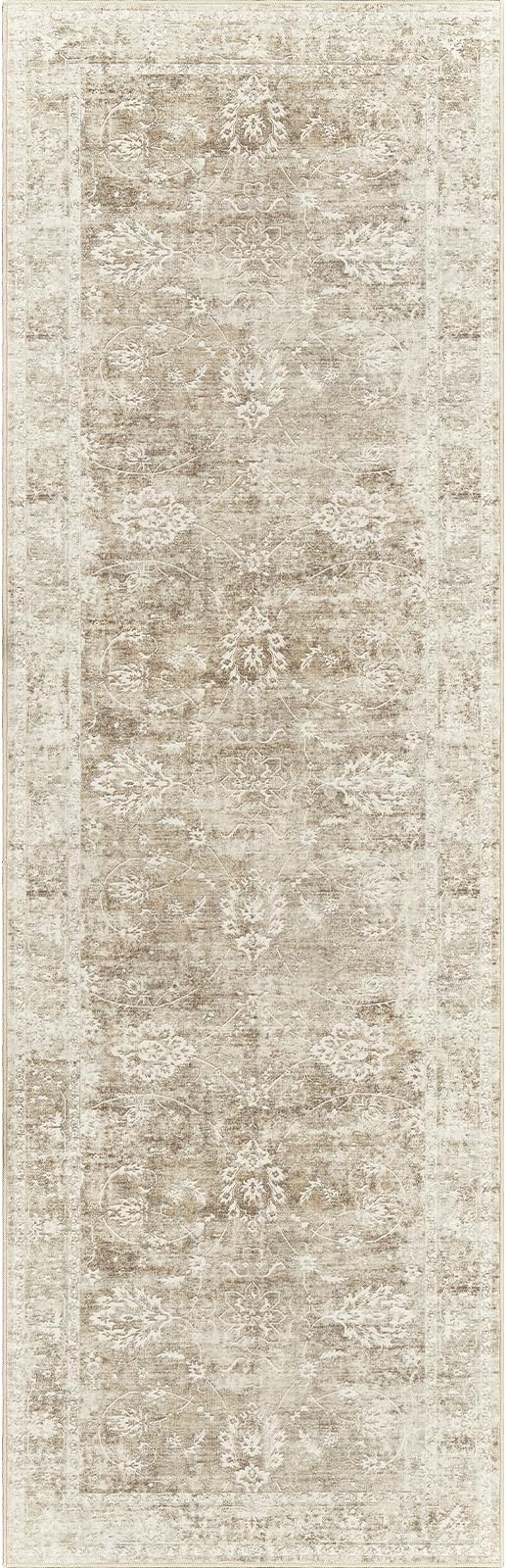 Madane Rug Runner for Hallways 2'6''x8, Washable Kitchen Runner Rugs with Non Slip Backing, Soft Floral Print Carpet Runners for Laundry Room, Bedroom, Brown/Sand