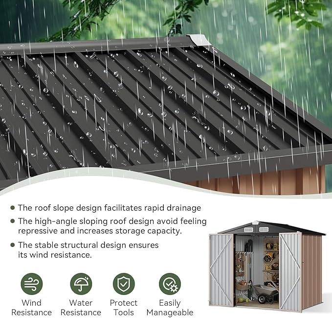 Aoxun 6.2x4 FT Shed with Anchors and Wind-Resistant Ropes Outdoor Storage Shed with Lockable Doors & Slooping Roof Metal Garden Tool Shed for Backyard, Patio, Poolside (Brown)