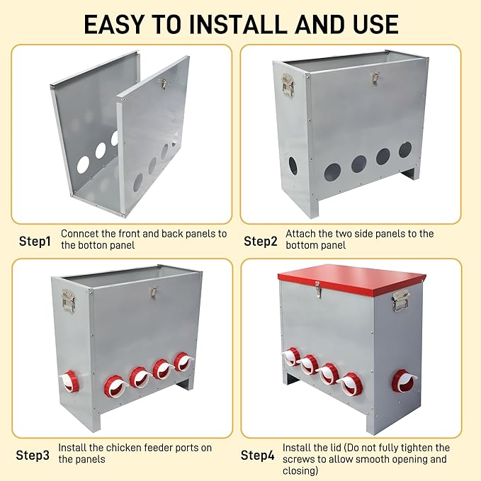 Large 85LB Automatic Chicken Feeder No Waste, Rat Proof Metal Poultry Feeder with 8 Feeding Ports, Rust-Proof Galvanized Steel Auto Chicken Feeder with Locking Lid for Chickens, Geese, Duck & Poultry