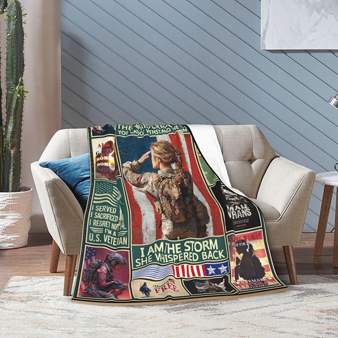 Patriotic Soldier Throw Blanket Female Soldier Flannel Blankets Women American Army Plush Super Soft Cozy Warm Decor Gifts for Boys Girls Kids Adults Men Women 60" x 80"
