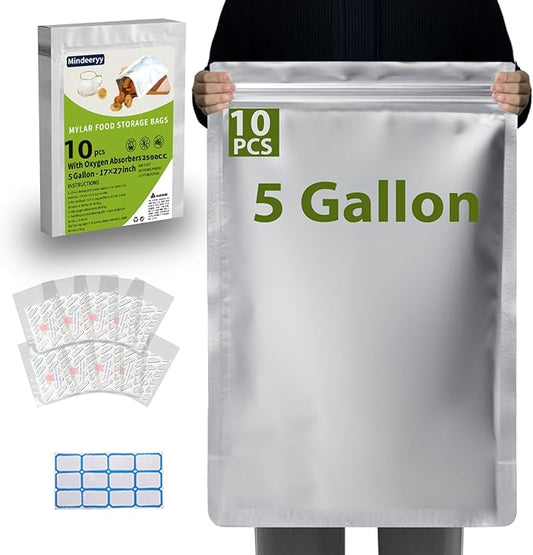 10pcs 5 Gallon Mylar Bags for Food Storage with Oxygen Absorbers 2500cc and Labels, Extra Thick 10 Mil - 17x27 Inch Zipper Pouches Resealable for Long Term Food Container Sets - Heat Sealable