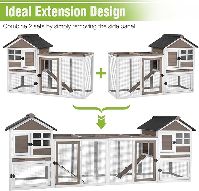 GUTINNEEN Large Rabbit Hutch Indoor 2-Level Wooden Chicken Coop Outdoor Bunny Guinea Pig Cage with Run, Chew-Proof Ramp, Leak-Proof Pull Out Tray, Lockable Doors for Small Animals (Brown & White)