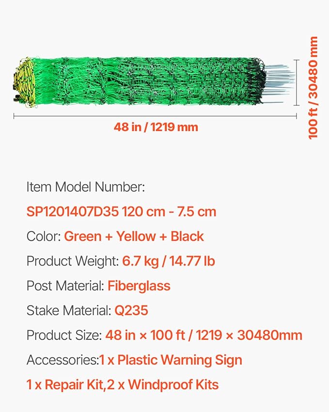 VEVOR Electric Fence Netting, 48" H x 100' L, PE Net Fencing Kit with Posts & Double-Spiked Stakes, Utility Portable Mesh for Chickens, Ducks, Geese, Rabbits, Used in Backyards, Farms, and Ranches