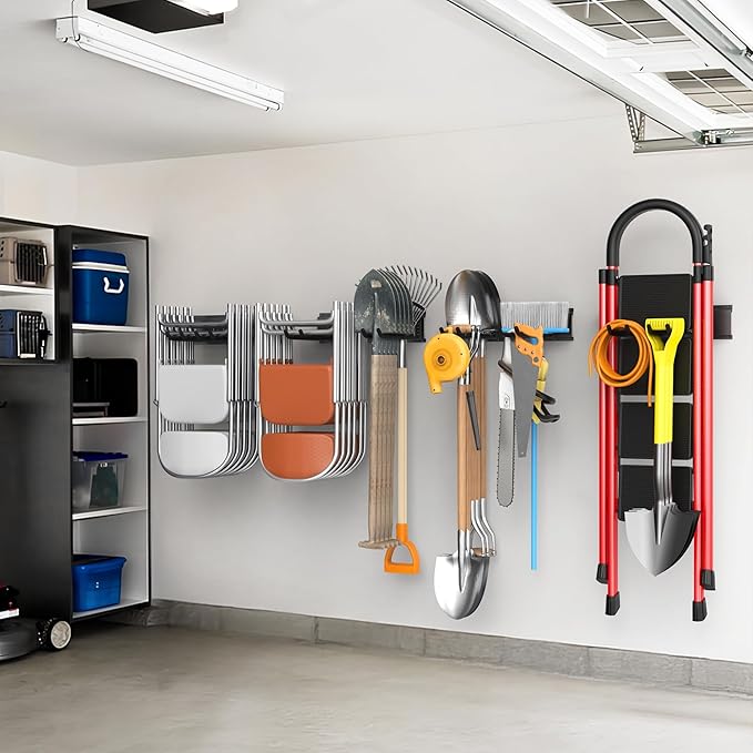 WALMANN Wall Mounted Garden Tool Organizer for Garage, Heavy Duty Folding Chair Storage Rack, 11-Inch Tools Storage Hooks for Shovels, Rakes, Ladders, Hold Up to 400 lbs