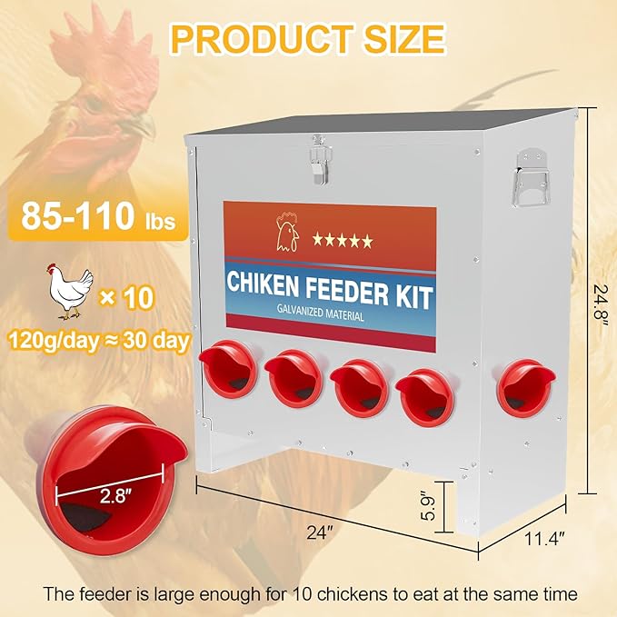 Automatic Chicken Feeder Large Capacity 85lbs Metal Chicken Feeder with Latch & Handle for Chickens, Geese, Ducks, Turkeys, Quails, Weatherproof (6-Port)
