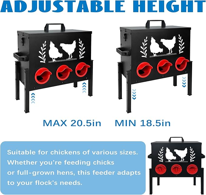 Chicken Feeders, 30 lb Capacity 6 Port Automatic Chicken Feeder, Metal Chick Feeder with Locking Lid and Legs, Chicken Feeder for Chickens, Ducks, Geese(Black)