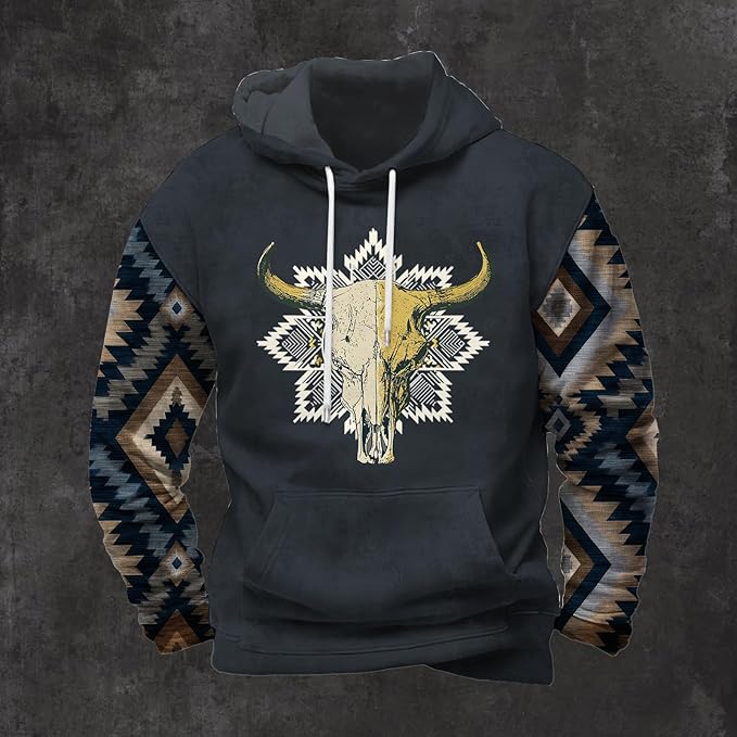 Mens Hooded Sweatshirt Vintage American Element Long Sleeve Fall Hoodie Classic Drawstring Front Pocket Pullover